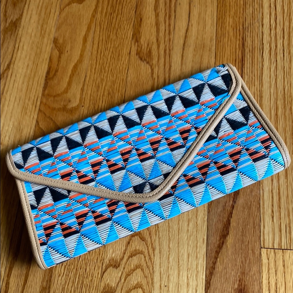 Western Geometric Turquoise Blue and Tan Woven Clutch
